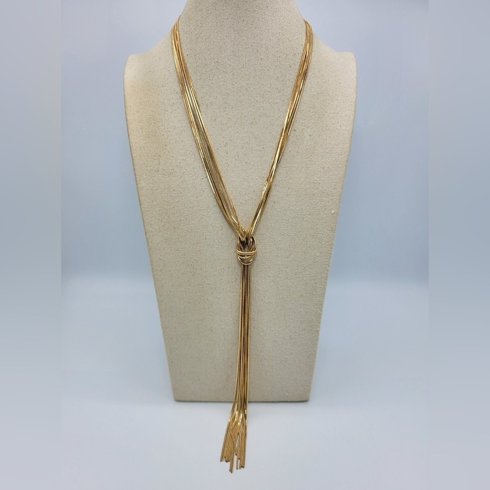 Gold Tone Knotted Multi-Chain Tassel Lariat Necklace 20”-23”